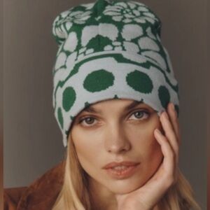 NWT FARM Rio x Anthropologie Green and Blue Polka Knit Beanie